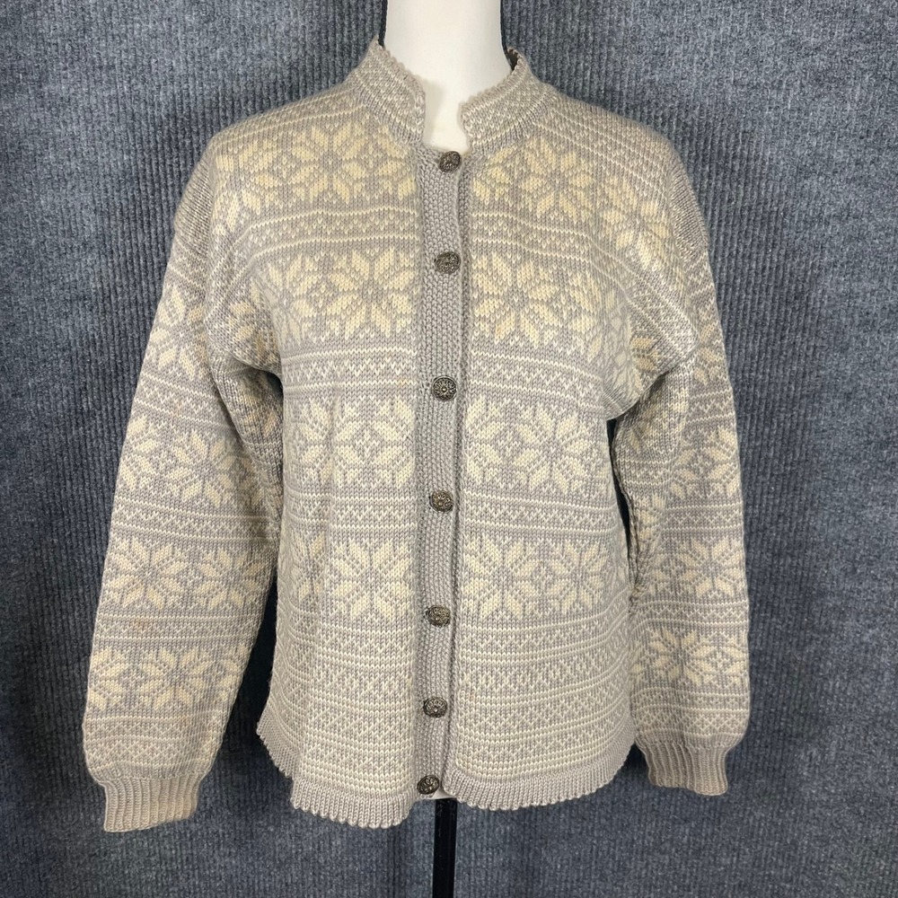 VTG Handmade Fair Isle Cardigan Sweater Women M Grey Ornate Buttons Wool Blend